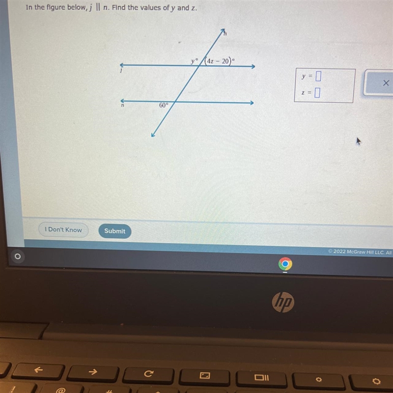 ||| = Knowledge Check In the figure below, j Il n. Find the values of y and z. شکر 60° y-example-1