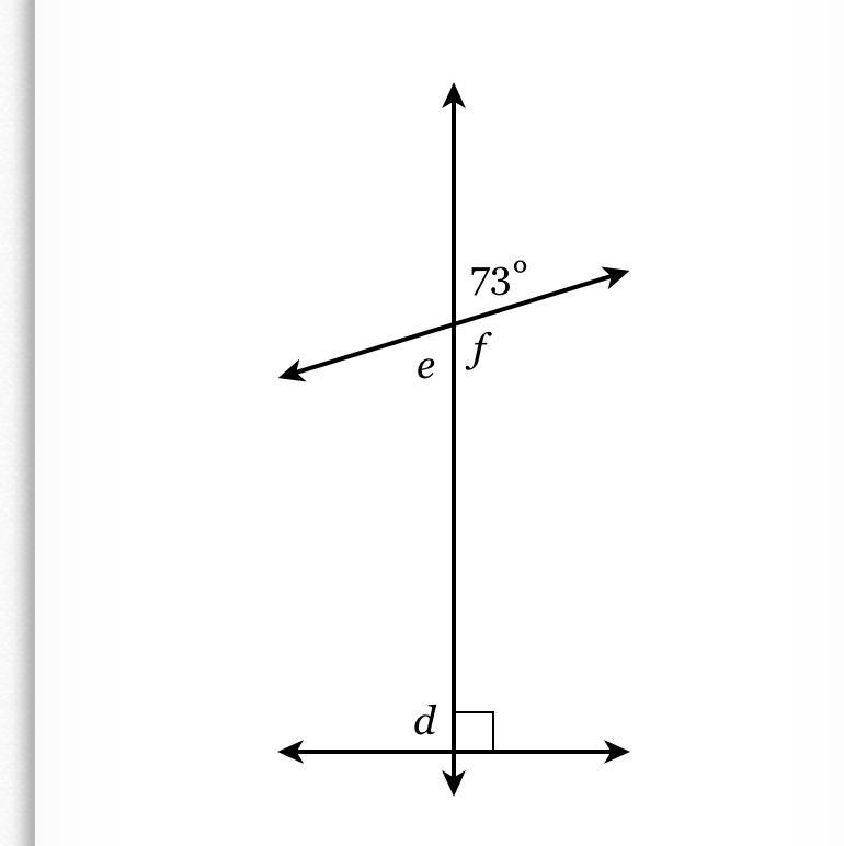 Find the measure of the missing angles. d = ? e = ? f = ?-example-1