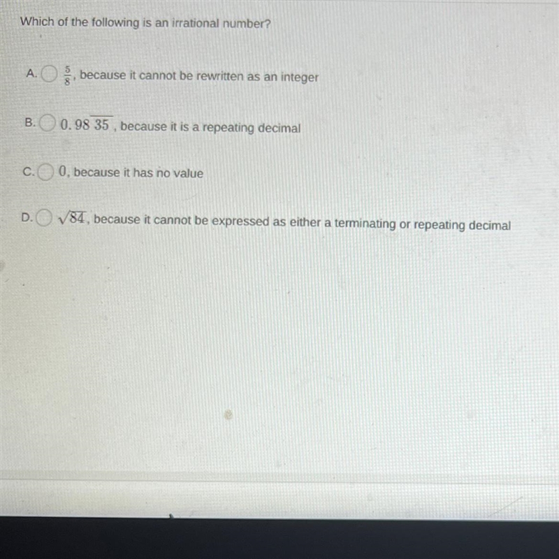 Which of the following is an irrational number? AOS because it cannot be rewritten-example-1