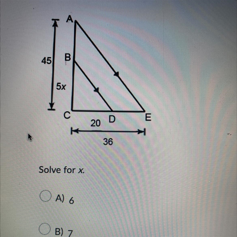 Solve for x. A) 6 B) 7 C) 4 D) 5-example-1