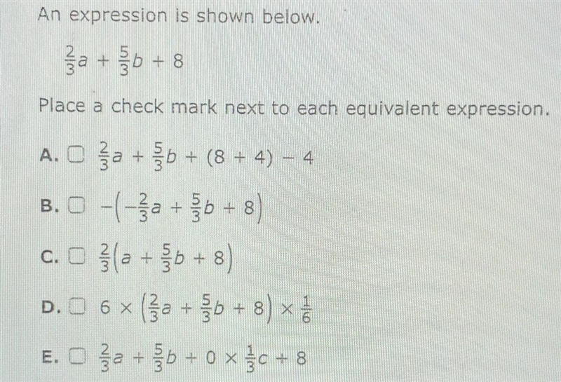 An expression is shown below. Place a check next to each equivalent expression.-example-1