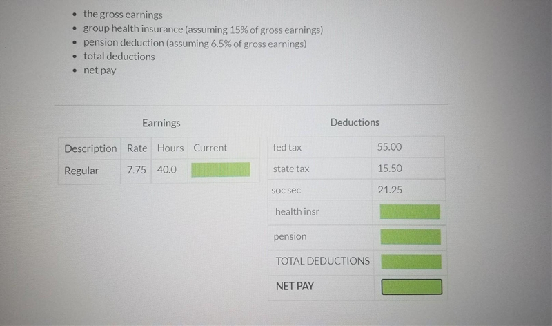 the gross earnings • group health insurance (assuming 15% of gross earnings) pension-example-1