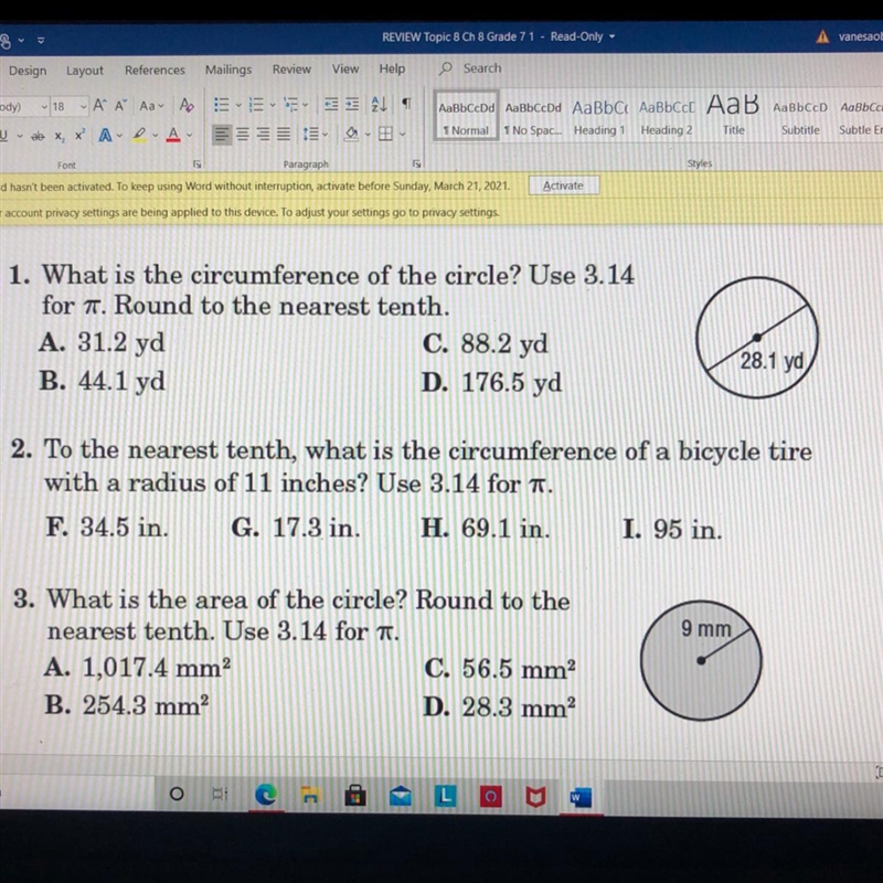 1. What is the circumference of the circle? Use 3.14for 7. Round to the nearest tenth-example-1