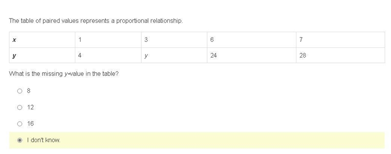 The table of paired values represents a proportional relationship. x 1 3 6 7 y 4 y-example-1