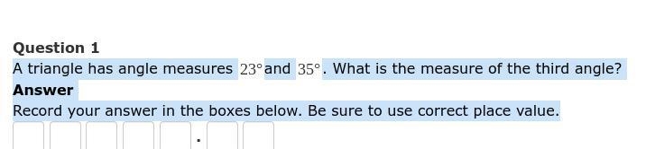 A triangle has angle measures 23° and 35°. What is the measure of the third angle-example-1