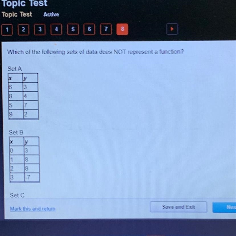 Which of the following sets of data does NOT represent a function? Set A X y |3 6 s-example-1