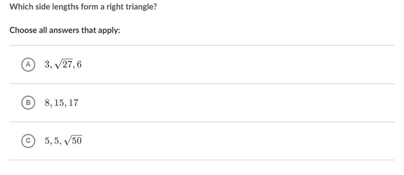 Which side lengths form a right triangle? Choose all answers that apply:-example-1