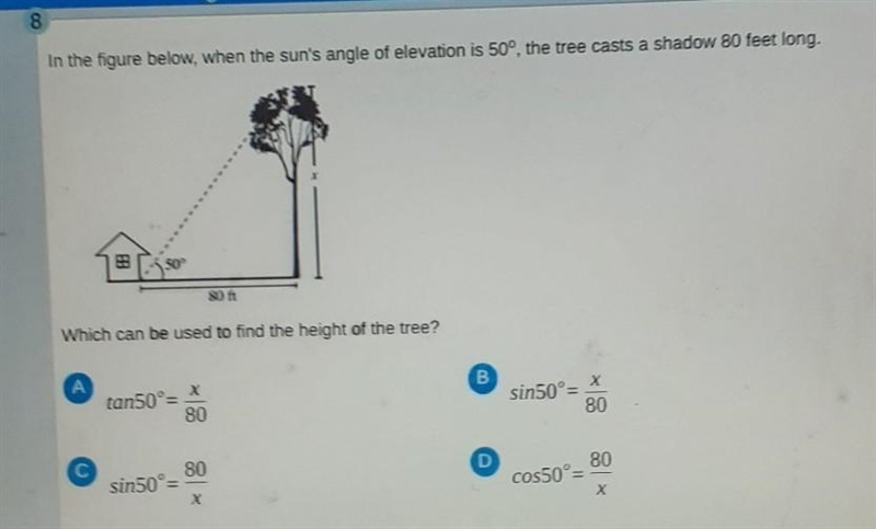 In the figure below, when the sund angle of elevation is 50 degrees, the tree casts-example-1