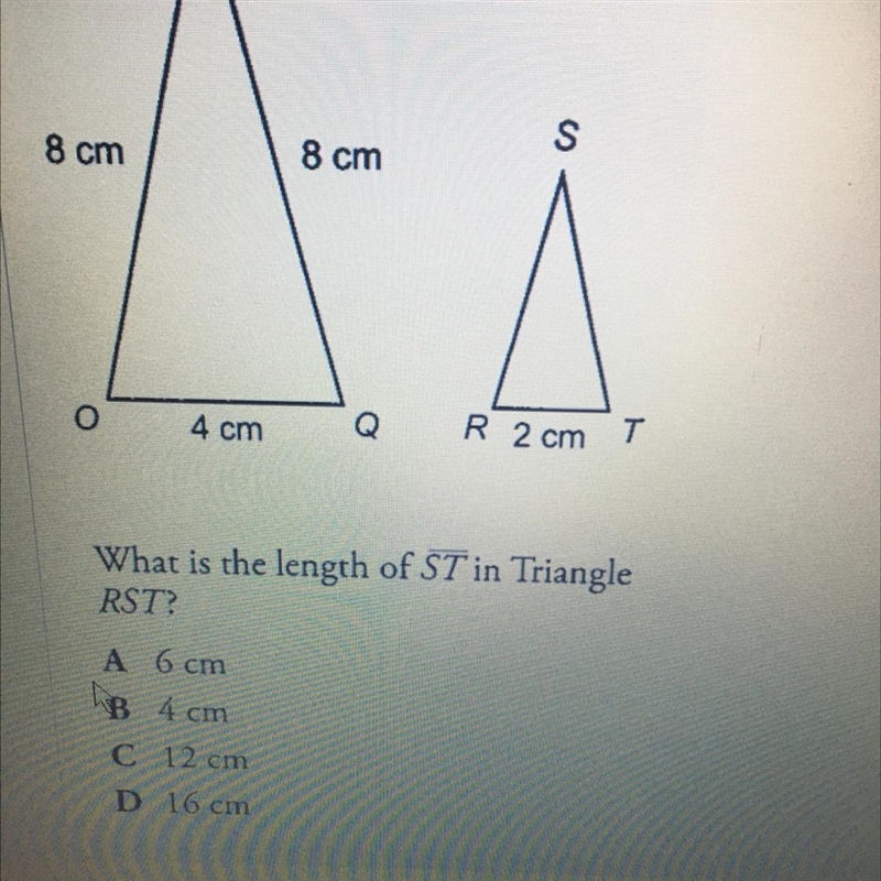 The diagram below shows two similar isosceles triangles. What is the length of ST-example-1