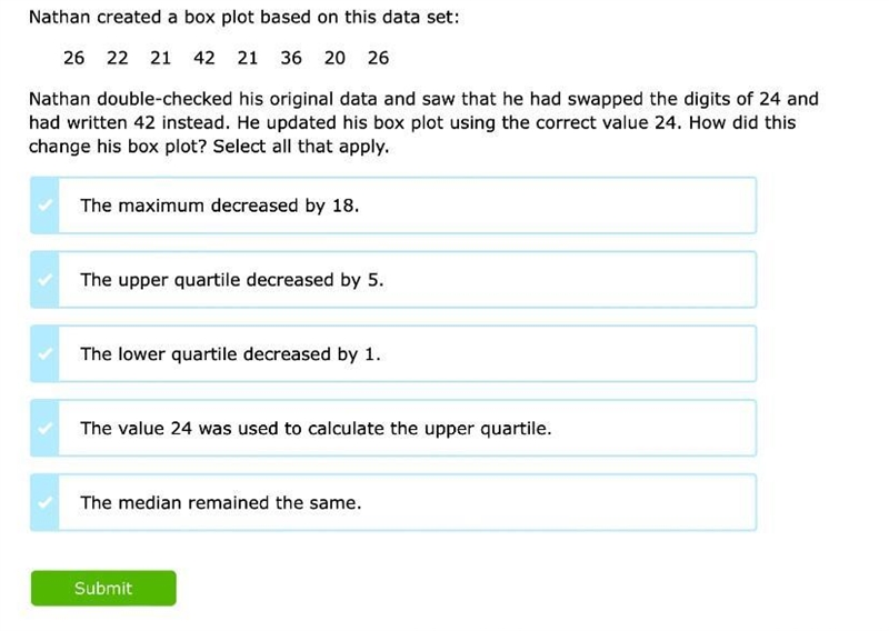 Nathan created a box plot based on this data set: 26 22 21 42 21 36 20 26 Nathan double-example-1