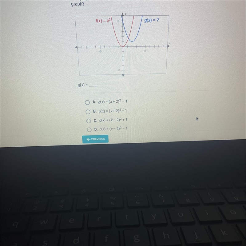 The graphs below have the same shape. What is the equation of the blue graph?-example-1