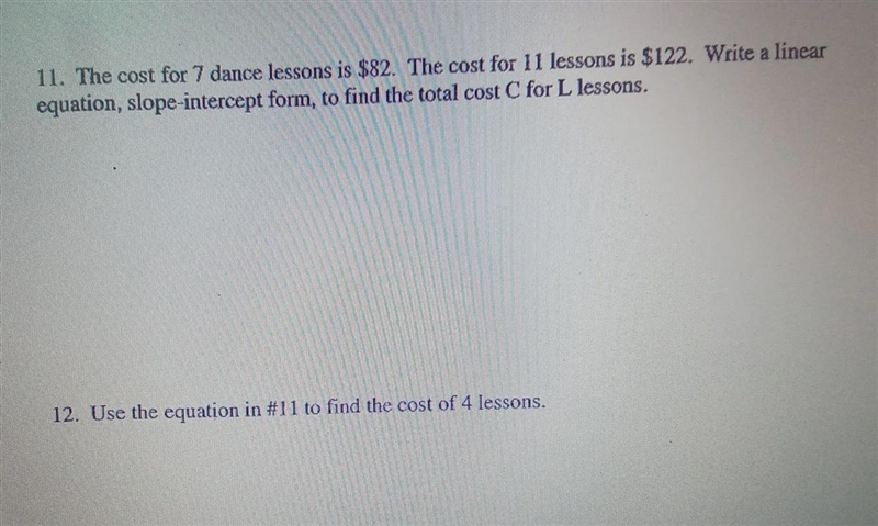 Write a linear equation, slope intercept form, to find the total cost of C for L lessons-example-1