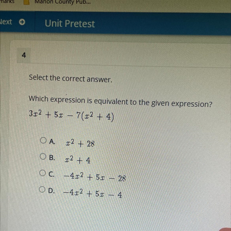 4 Select the correct answer. Which expression is equivalent to the given expression-example-1