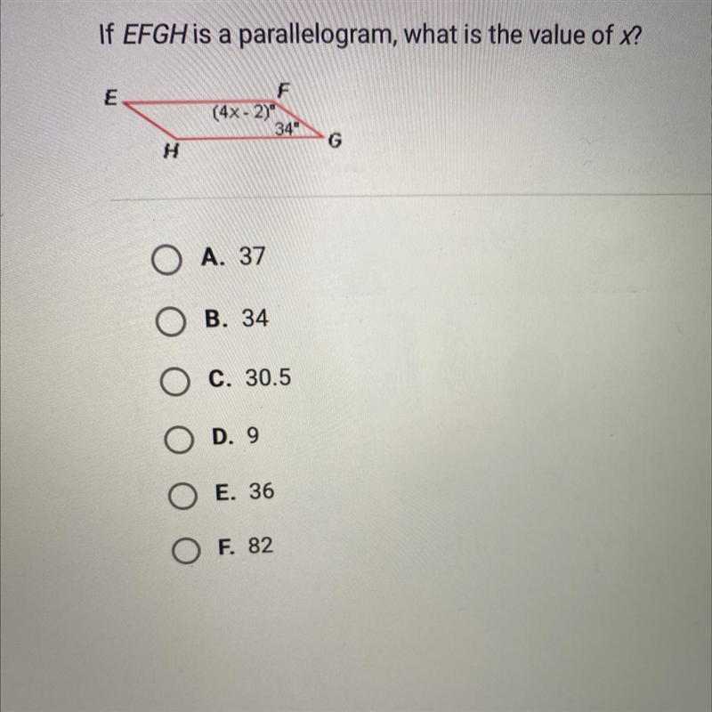 If EFGH is a parallelogram, what is the value of X?F(4x - 2)34°GH-example-1