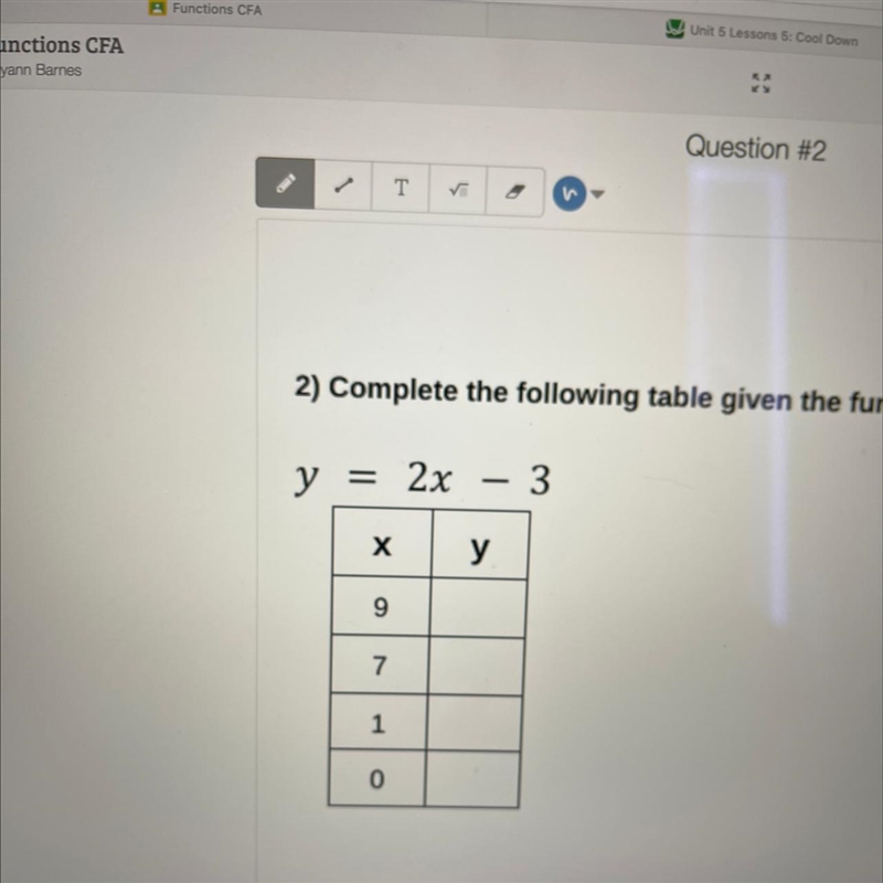 Complete the following table given the function equation Y= 2x - 3-example-1