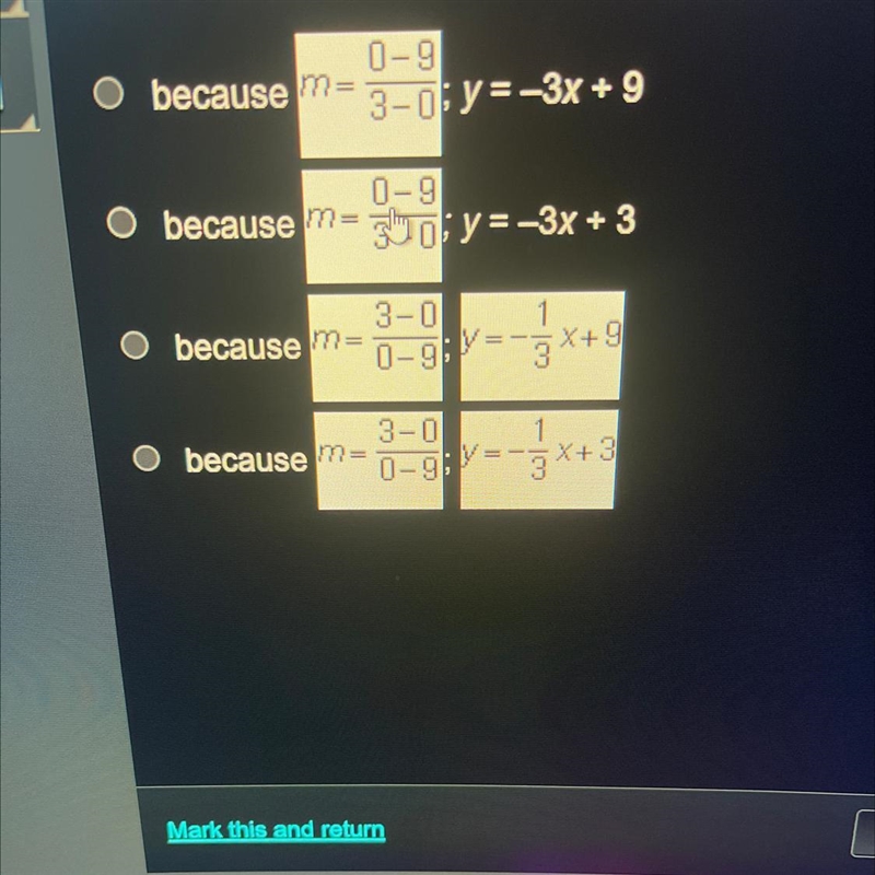 What is the equation of a line through the points (0,9) and (3,0)?-example-1