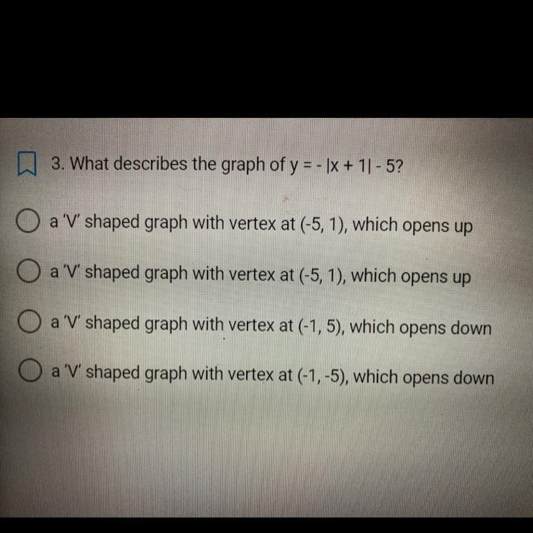 What best describes the graph of y = -|x+1| - 5-example-1