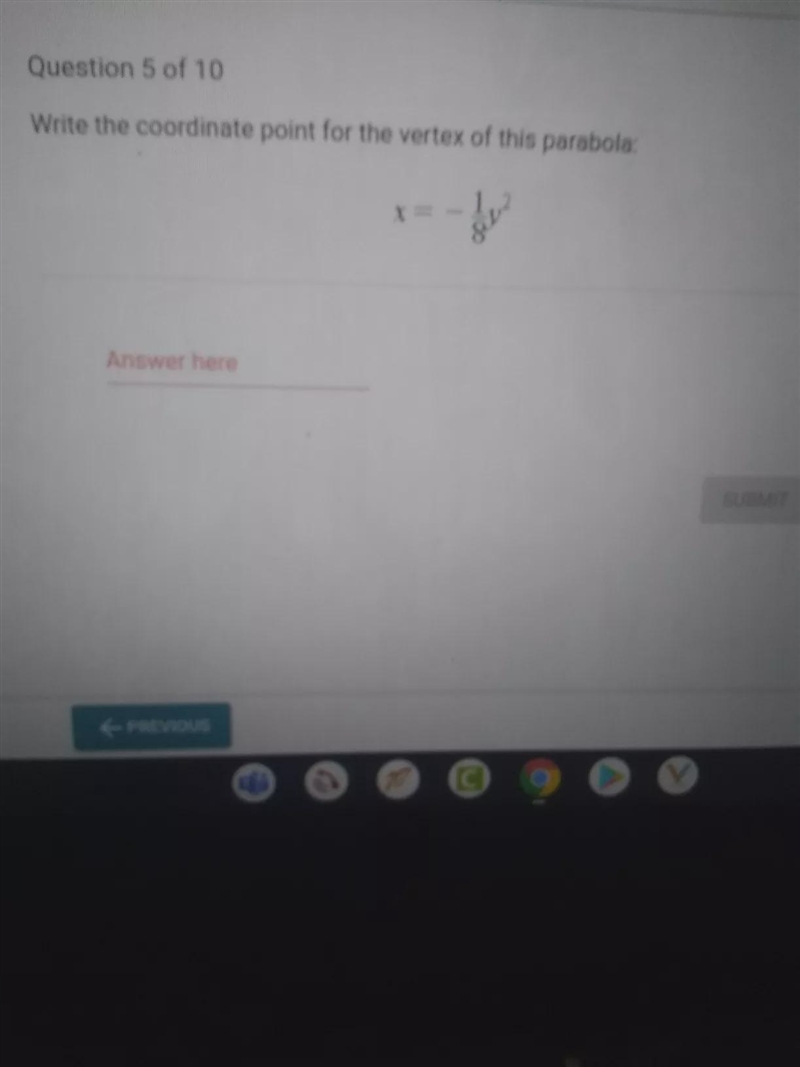 Write the coordinate point for the vertex of this parabola: 1,2 x=-example-1