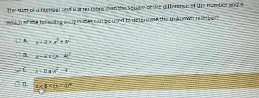 The sum of a number and 8 is no more than the square of the difference of the number-example-1