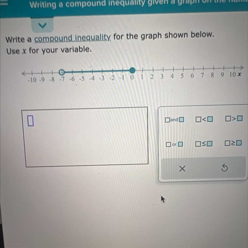 Write a compound inequality for the graph shown below. Use x for your variable.-example-1