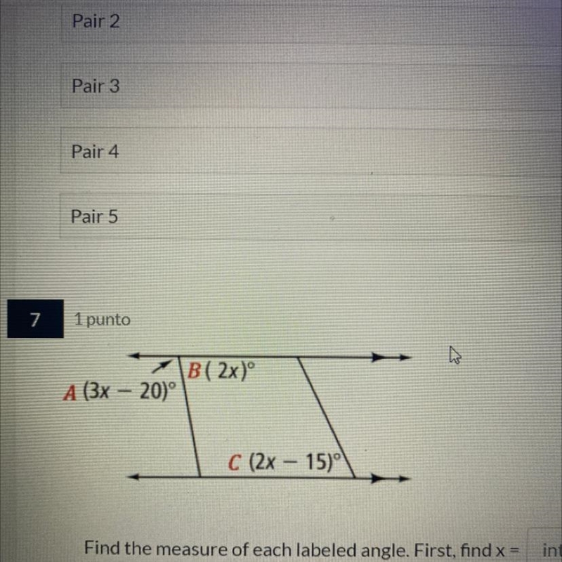 Find the measure of each labeled angle.first,find x=……..,m(angle)A=……,m(angle)B=…..,m-example-1