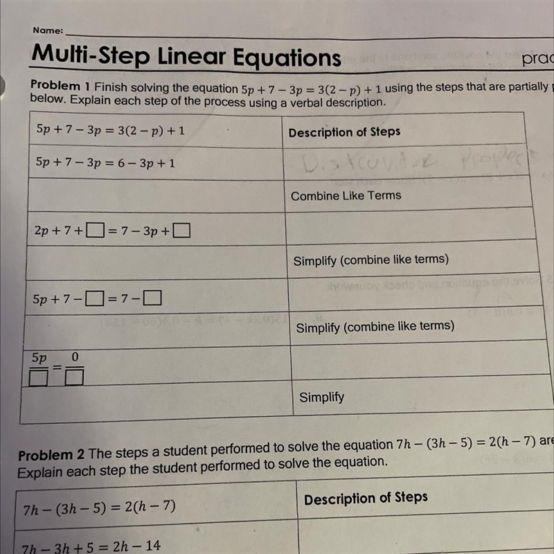 Finish solving the equation 5p + 7 - 3p = 3(2 - p)+1 using the steps that are partially-example-1