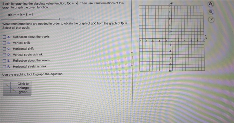 Begin by graphing the absolute value function, f(x)= |x|. Then use transformations-example-1