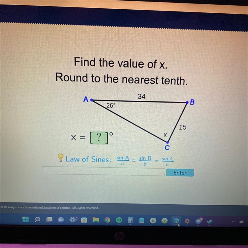 Find the value of x. Round to the nearest tenth. 34 A B 26° x = [? ]° X C 15-example-1