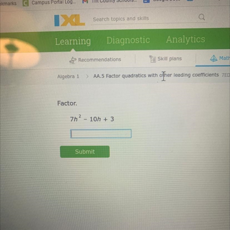 What is 7H squared-10H +3 factored?-example-1