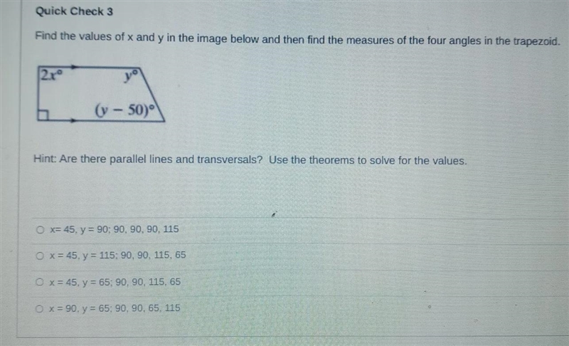 find the values of X and Y in the image below and then find the measures of the four-example-1