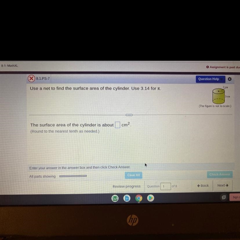 Use a net to find the surface area of the cylinder. Use 3.14 for pie-example-1