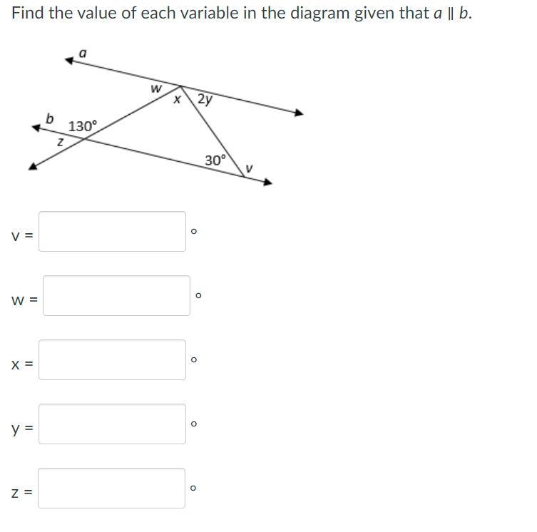 Find the value of each variable in the diagram given that a ∥ b.-example-1