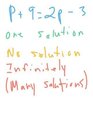 I need help! Is p+9=2p-3 a one solution, no solution or infinitely Many solutions-example-1