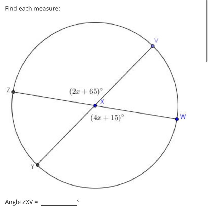 Find each measure:Z(2r +65)(4r +15)wAngle ZXV =Angle YXW =Angle ZXY =Angle VXW =Blank-example-1