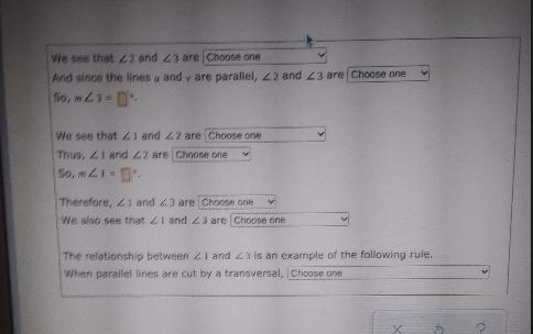 We see that 22 and 23 are Choose one And since the lines u and y are parallel, 22 and-example-2