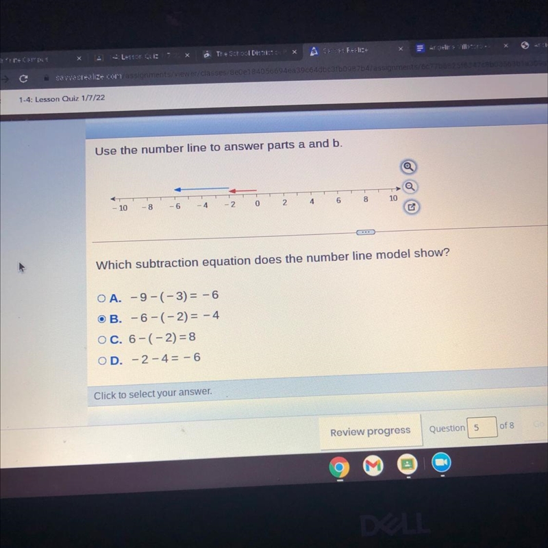 Which subtraction equation does the number line model show? A. -9-(-3) = -6 B. -6-(-2) = -4 C-example-1