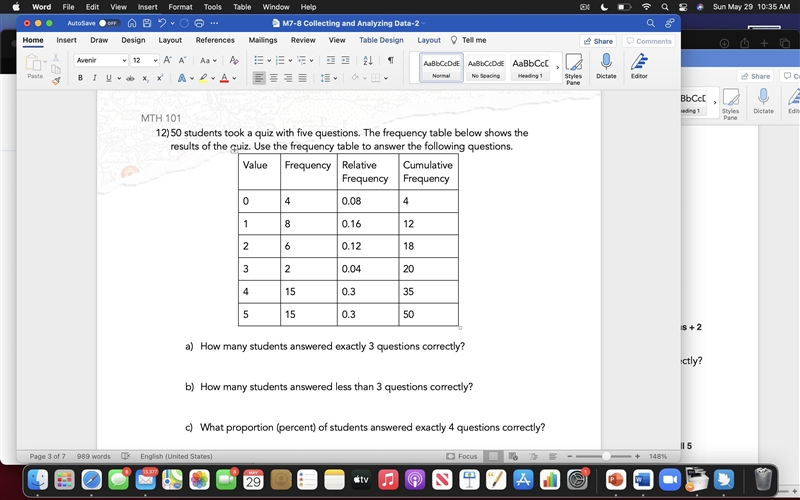 12)50 students took a quiz with five questions. The frequency table below shows the-example-1