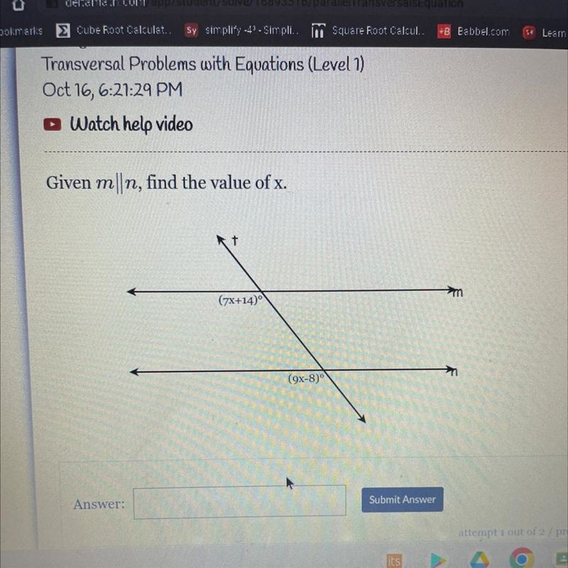 Given mn, find the value of x. (7x+14)⁰ (9x-8)°-example-1