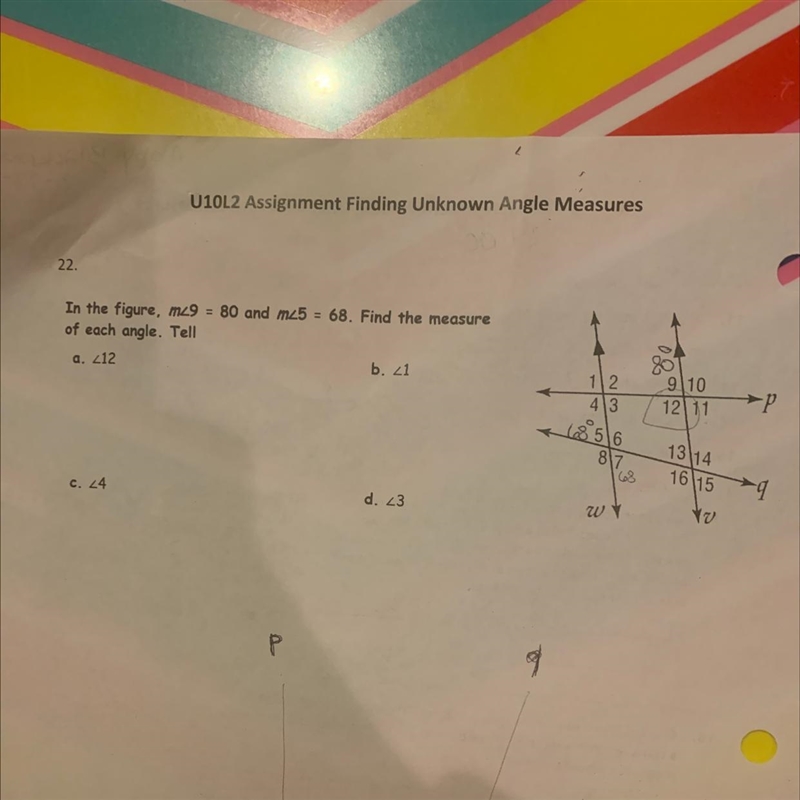 22. In the figure, m29 = 80 and m25 = 68. Find the measure of each angle. Tell b. 21 a-example-1