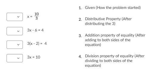 A sequence of steps for solving the equation 3(x - 2) = 4 is shown. Match a property-example-1