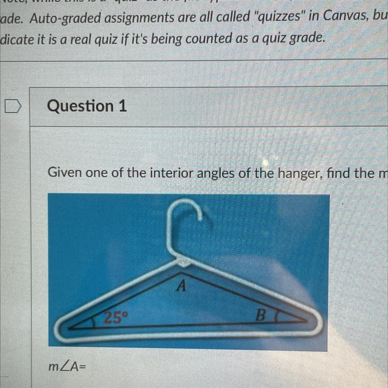 Given one of the interior angles of the hanger, find the measures of angles A and-example-1