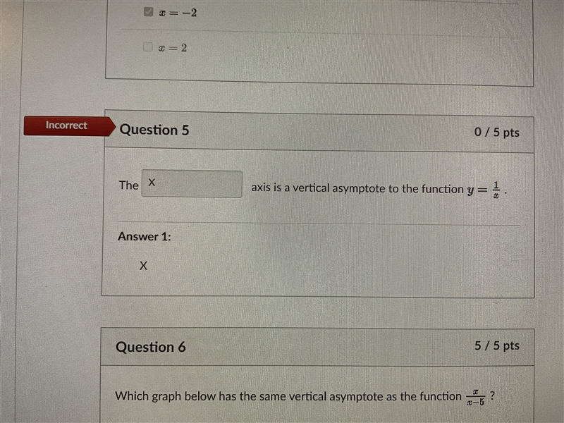 The (blank) axis is a vertical asymptote to the function y=1/x-example-1