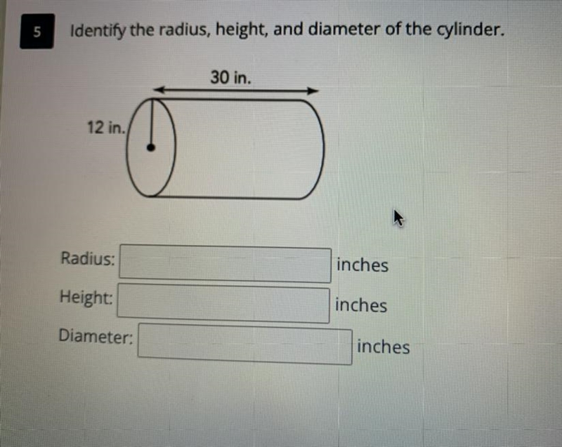 Identify the radius, height, and diameter of the cylinder. 30 in. 12 in Radius: inches-example-1