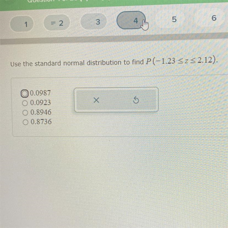 Use the standard normal distribution to find P(-1.23 Sz<2.12).-example-1