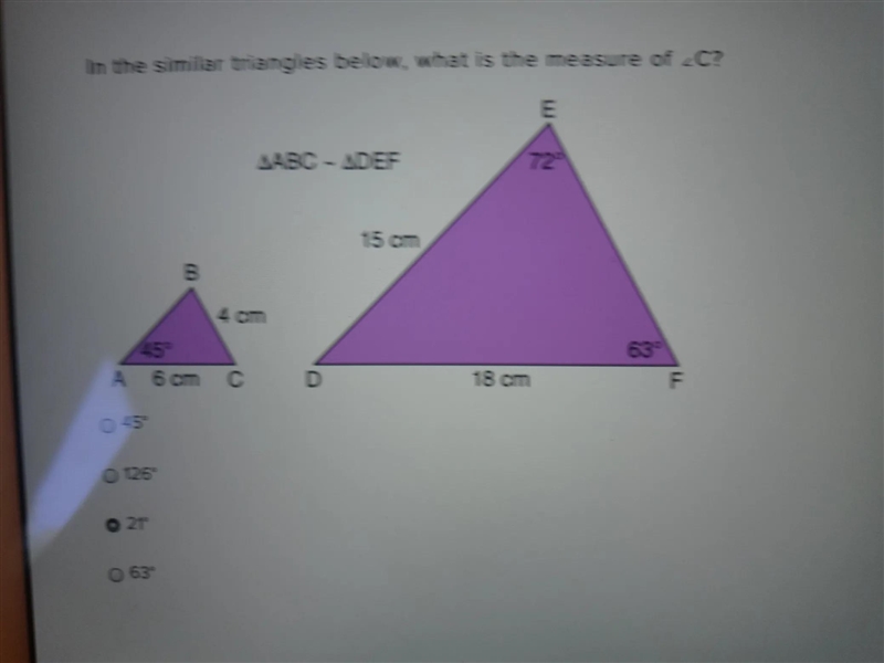 In the similar triangles below, what is the measure of the angle C-example-1