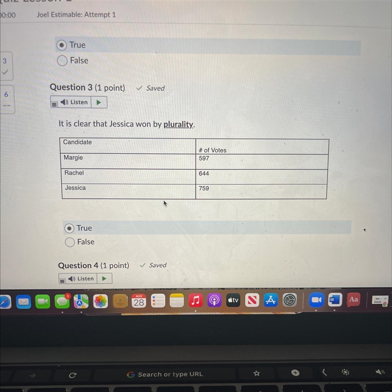 It is clear that Jessica won by plurality. Candidate Margie Rachel Jessica True False-example-1