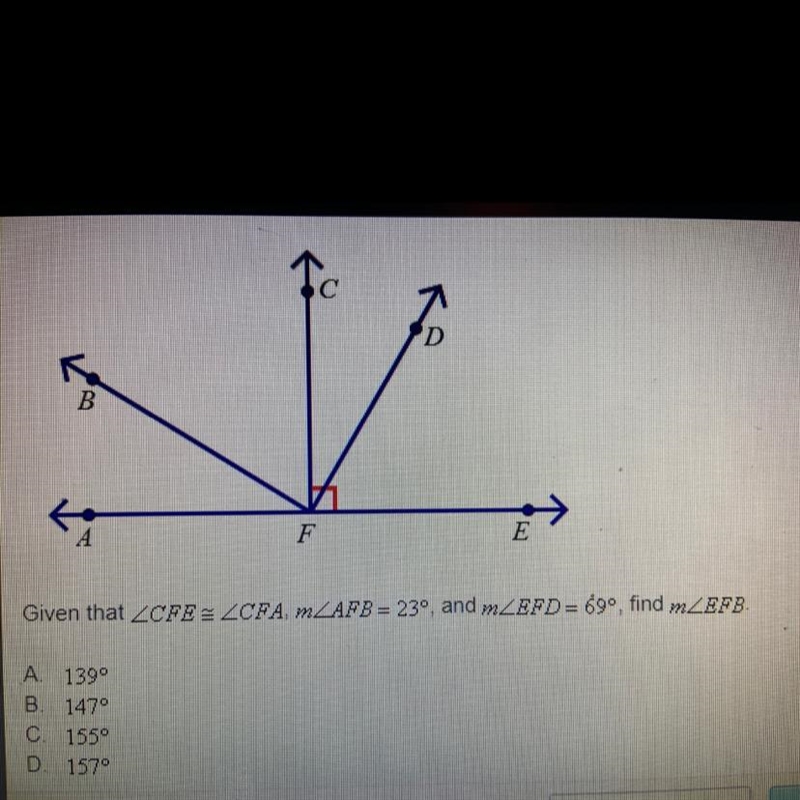 Given that /CFE ≅ /CFA, m/AFB = 23°, and m/EFD = 69°, find /EFB-example-1