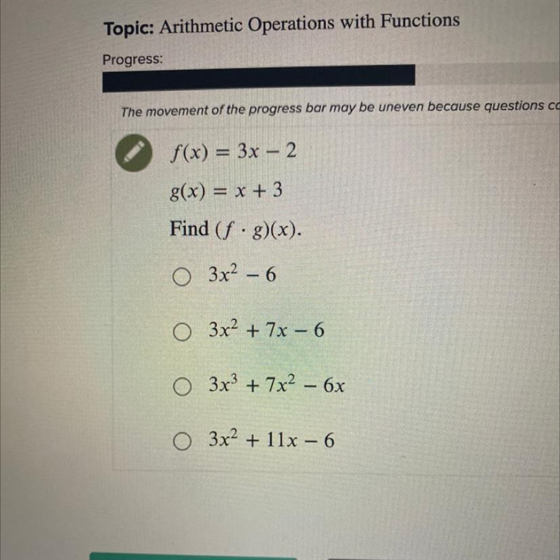 F(x)= 3x-2 g(x)= x+3 find (f•g)(x)-example-1