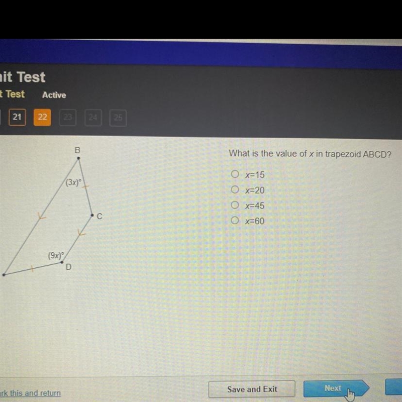 HELPPPP !!! What is the value of x in trapezoid ABCD? O xE15 O X20 O X=45 O x=60-example-1