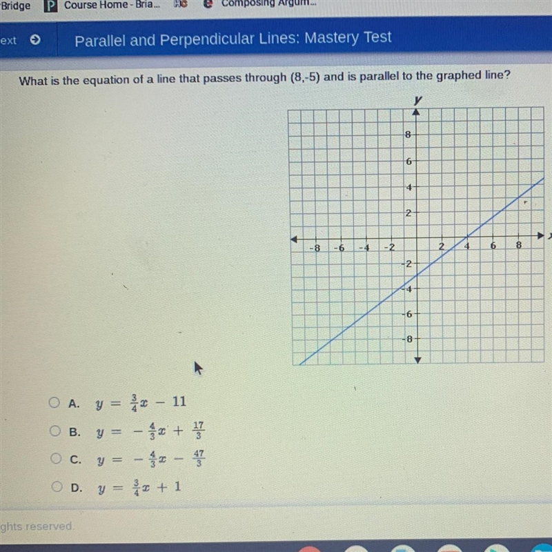 What is the equation of a line that passes through (8,-5) and is parallel to the graphed-example-1